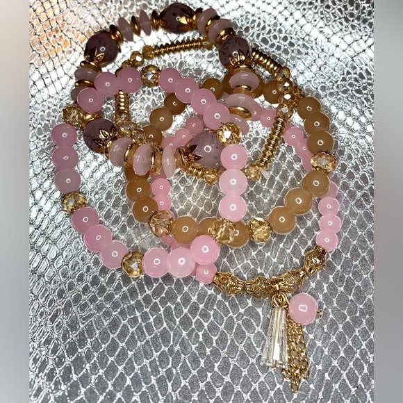 FRIENDSHIP BRACELETS 5 Strands Tan Crystal and Pink Stone Stretchy TAYLOR SWIFT - Picture 1 of 1